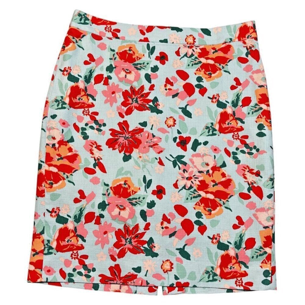 J.Crew Floral Lined Pencil Skirt Aqua Coral Pink Size 4